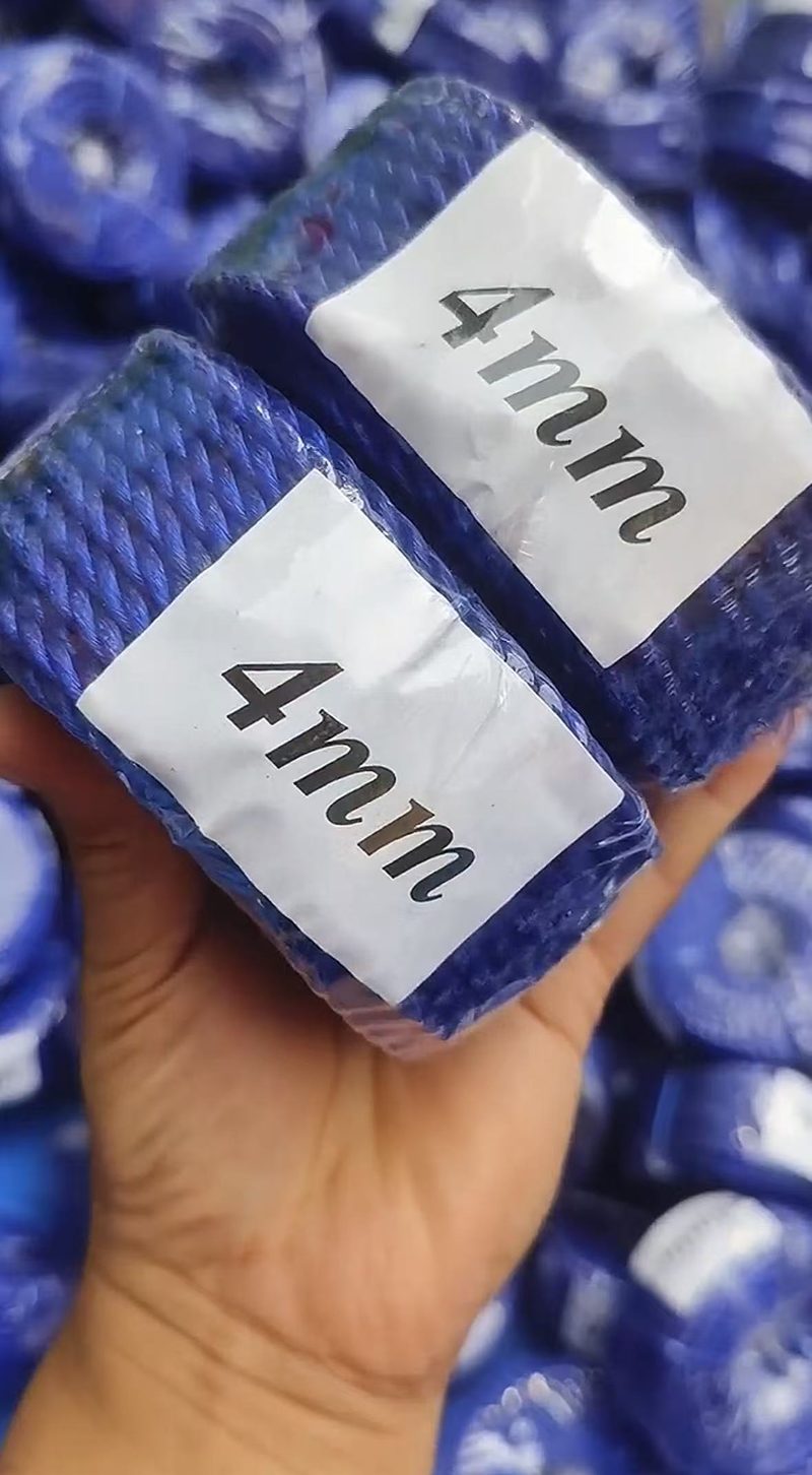 Small blue 4 mm twisted PE rope coils with diameter labels, held in a hand over a carton