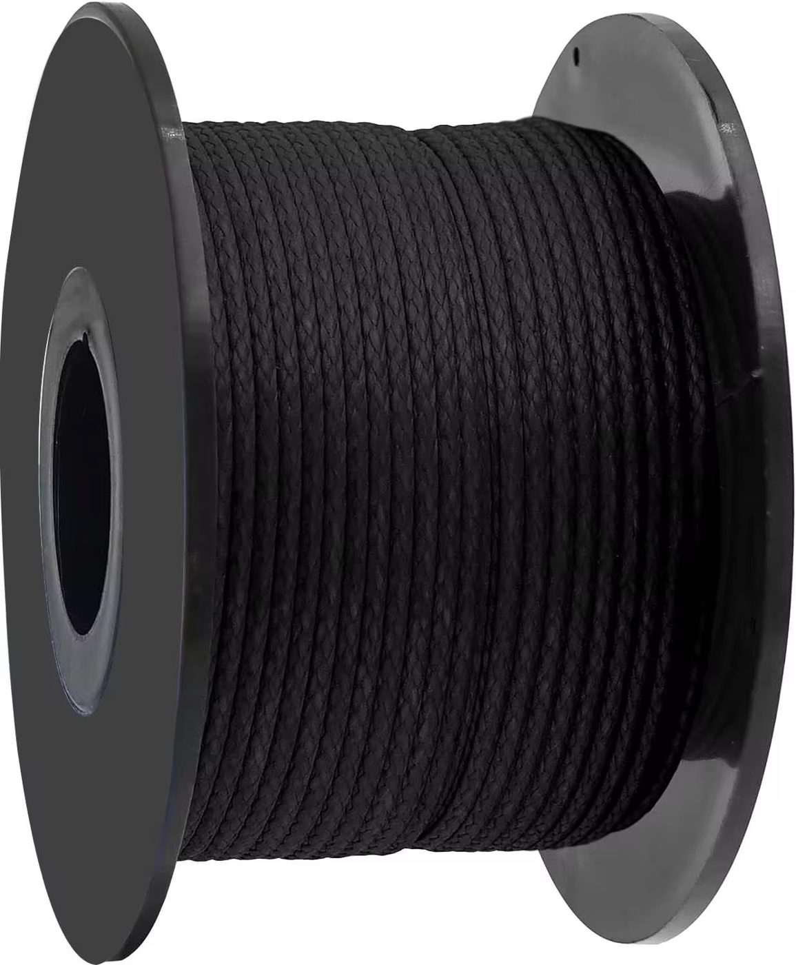 Black UHMWPE 12-strand winch rope spooled on a black plastic factory spool, full spool side view