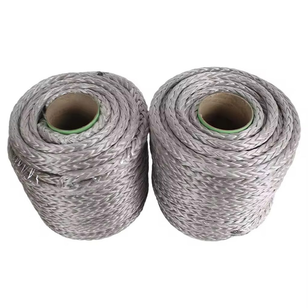Pair of grey UHMWPE braided rope spools on cardboard cores, supply format